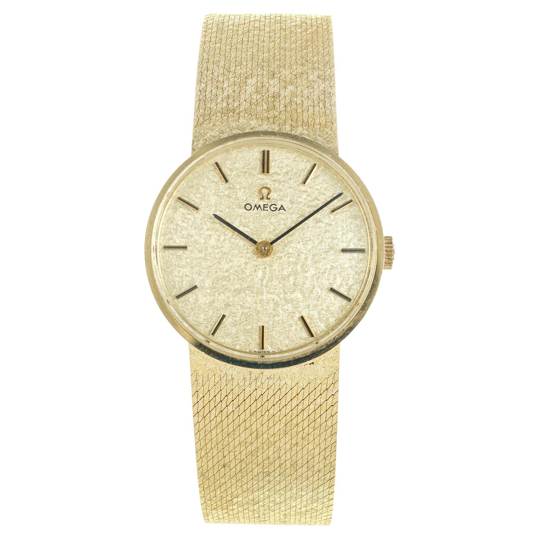 Omega Gelb 14k Gold Unisex Mid-Century Mesh Kleid Armbanduhr