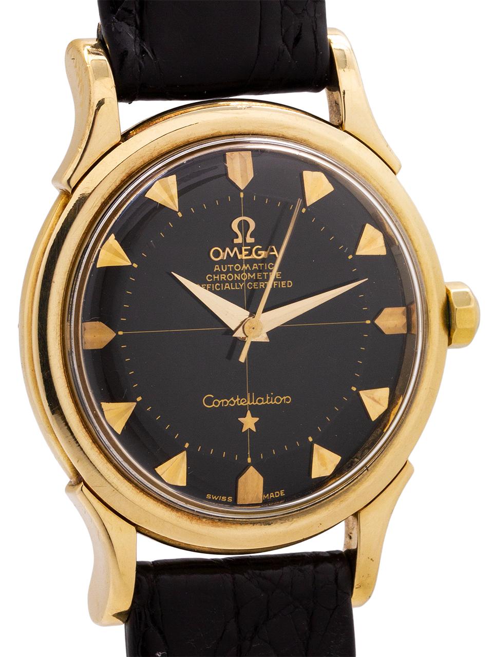 Vintage Omega Constellation 14K yellow gold, ref# 2852 with scarce and very desirable black original dial. The 2852 is typically seen with a gold shell top and steel back, rarely seen in sold gold particularly with the very desirable black original
