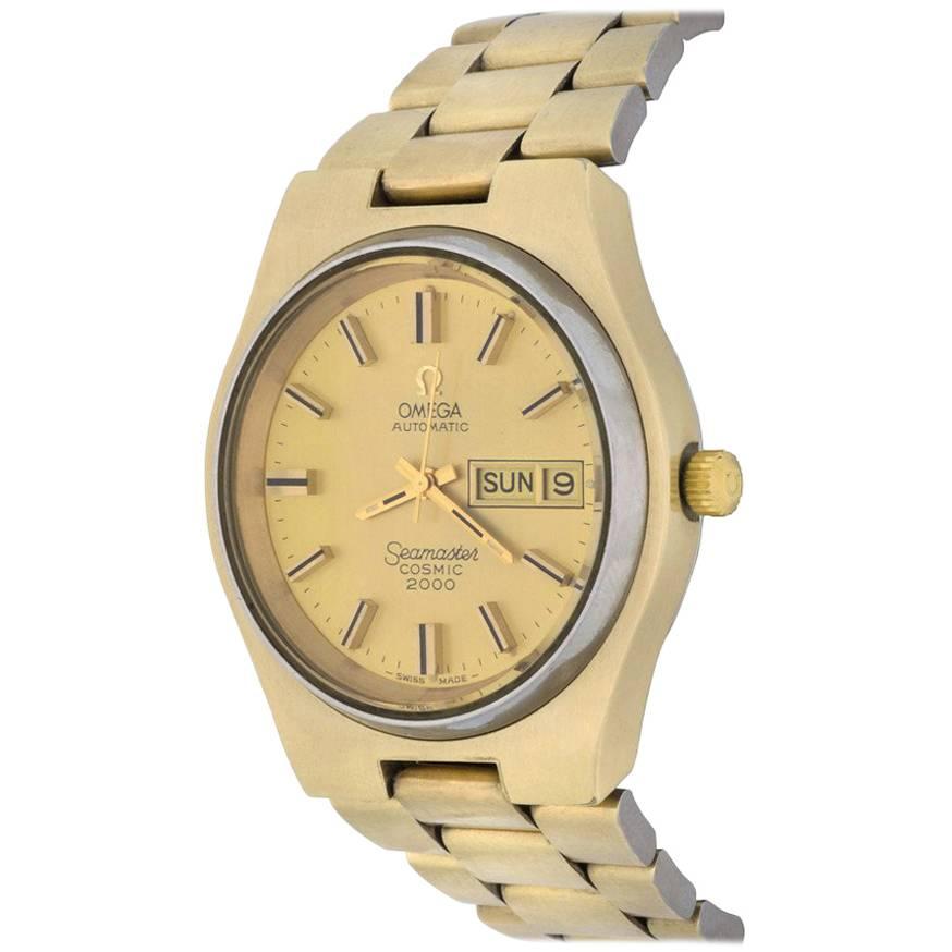 Omega Yellow Gold Seamaster Cosmic 2000 Day Date Automatic Wristwatch