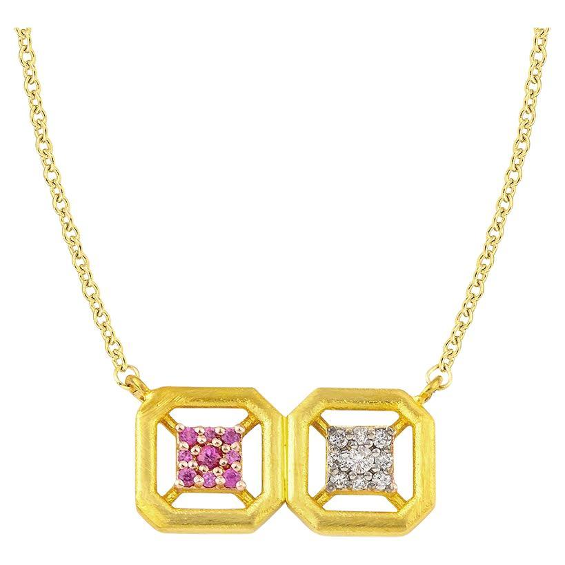 Omen Ancient Double Gold Necklace with Diamond and Pink Sapphire For Sale