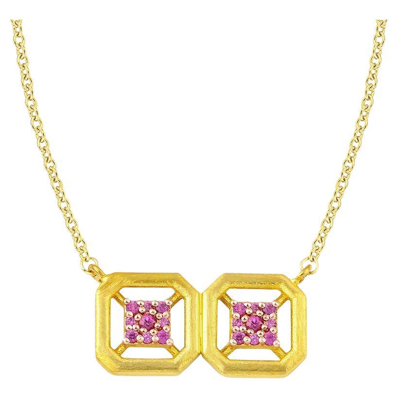 Omen Ancient Double Gold Necklace with Pink Sapphire For Sale