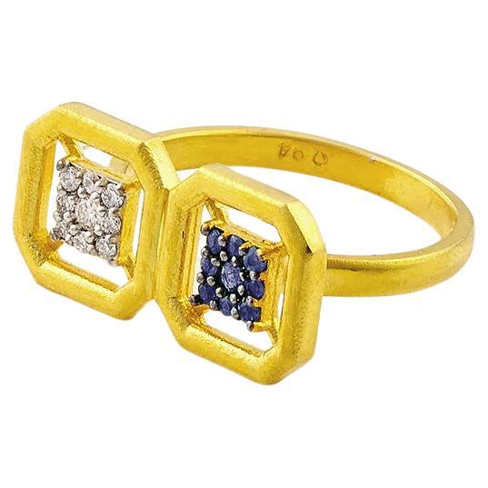Omen Ancient Double Gold Ring with Diamond and Blue Sapphire For Sale