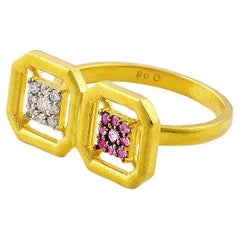 Omen Ancient Double Gold Ring with Diamond and Pink Sapphire