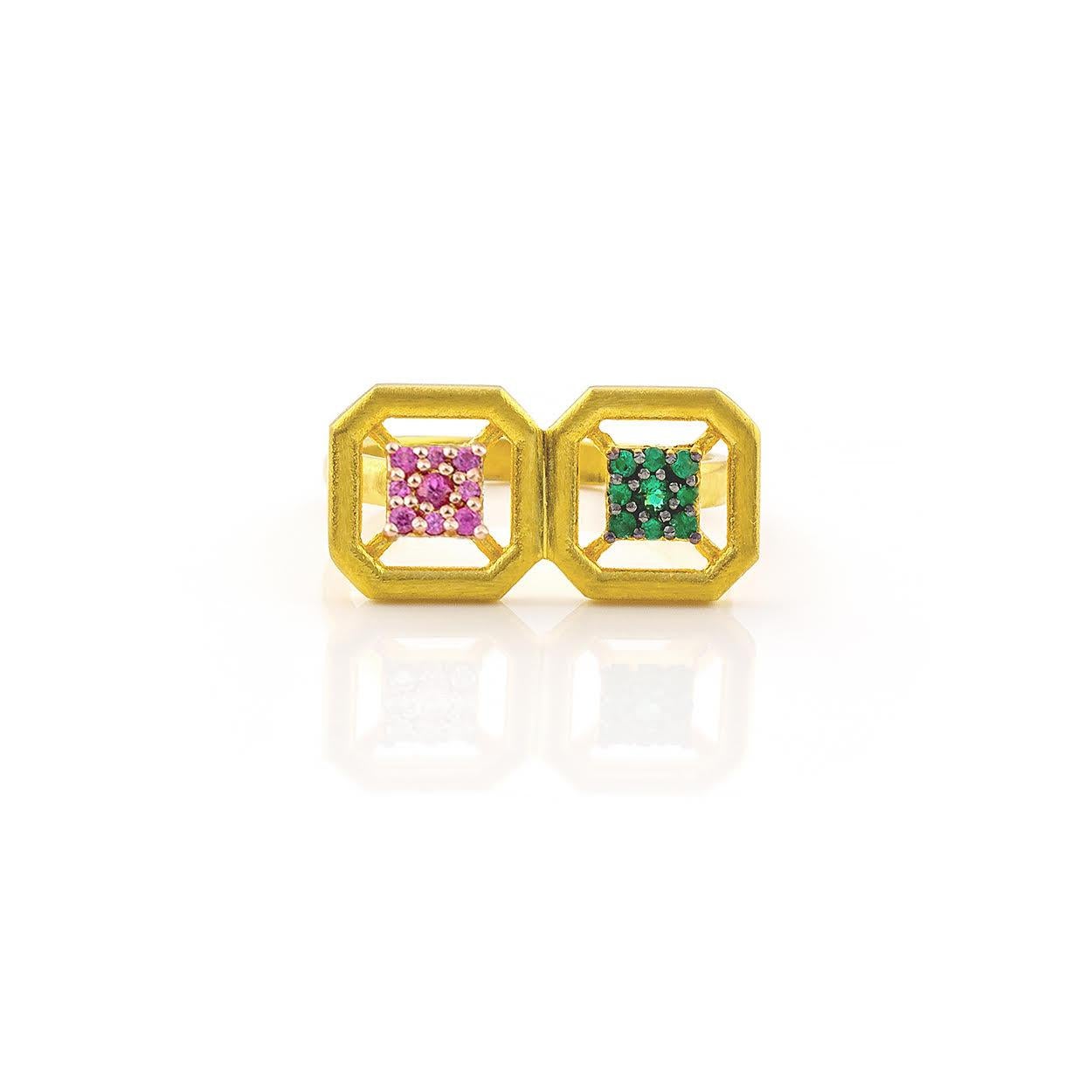 Artist Omen Ancient Double Gold Ring with Emerald and Pink Sapphire For Sale