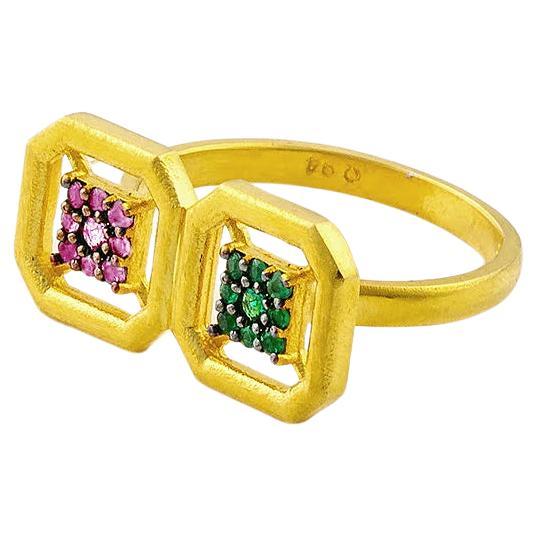 Omen Ancient Double Gold Ring with Emerald and Pink Sapphire For Sale