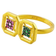Omen Ancient Double Gold Ring with Emerald and Pink Sapphire