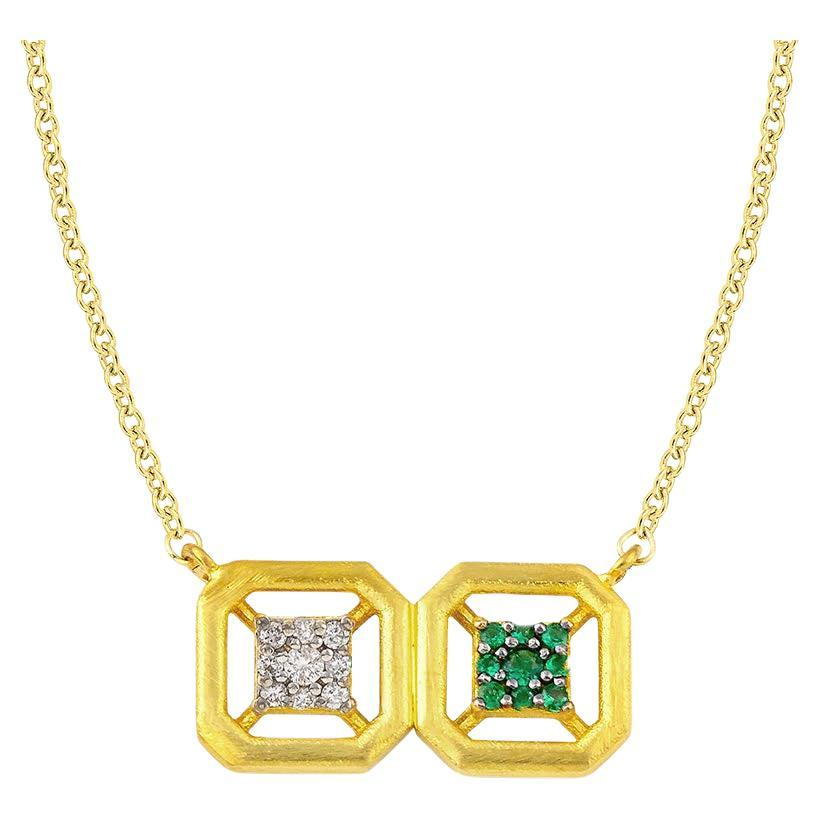 Omen Double Gold Necklace with Diamond and Emerald For Sale