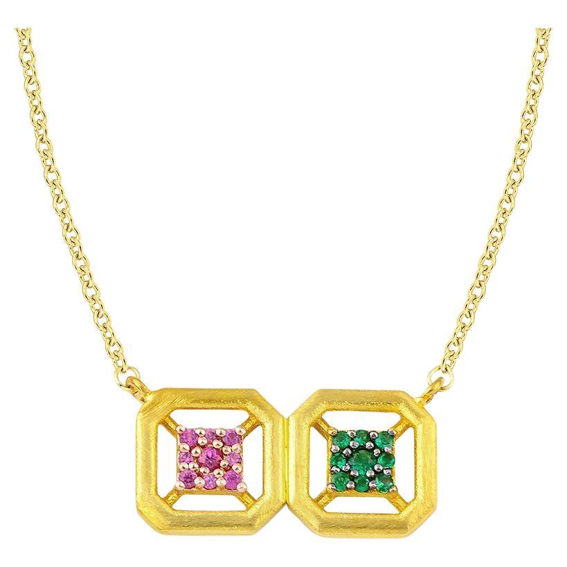 Omen Double Gold Necklace with Emerald and Pink Sapphire For Sale