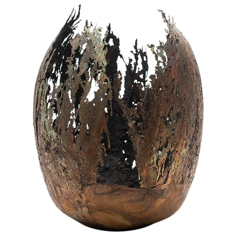 Omer Arbel 113 Series, Unique Vessel n47 in Copper Alloy Casted in Glass For Sale
