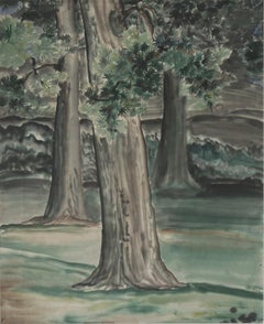 Post War Bay Area Watercolor Redwoods in Style of Chiura Obata, Signed