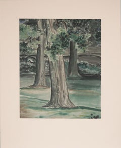 Aquarell aus der Bay Area der Nachkriegszeit mit Redwoods im Stil von Chiura Obata, signiert