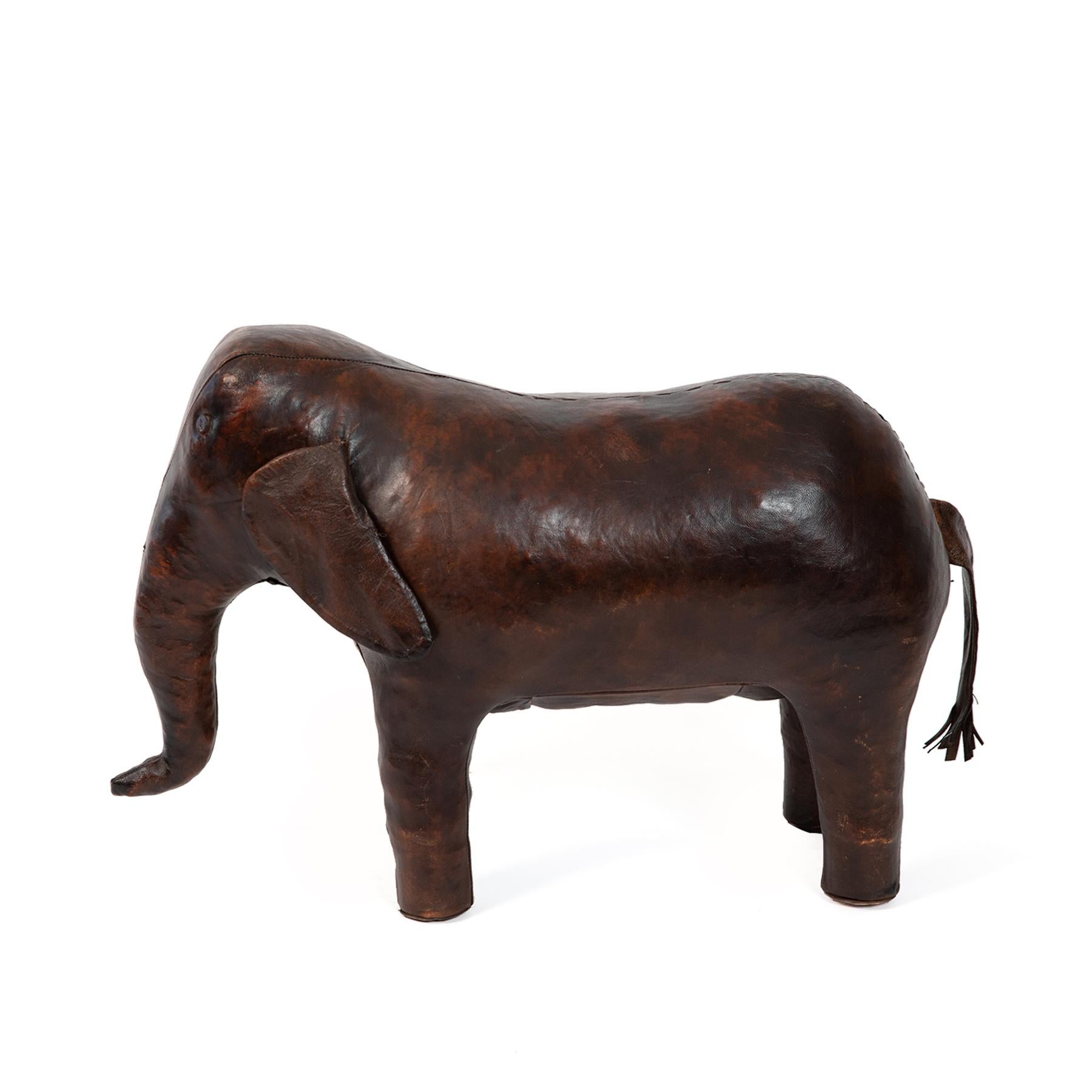 Omersa large-scale leather elephant, circa early 1960s. This all original example has beautifully patinated leather and age appropriate wear.