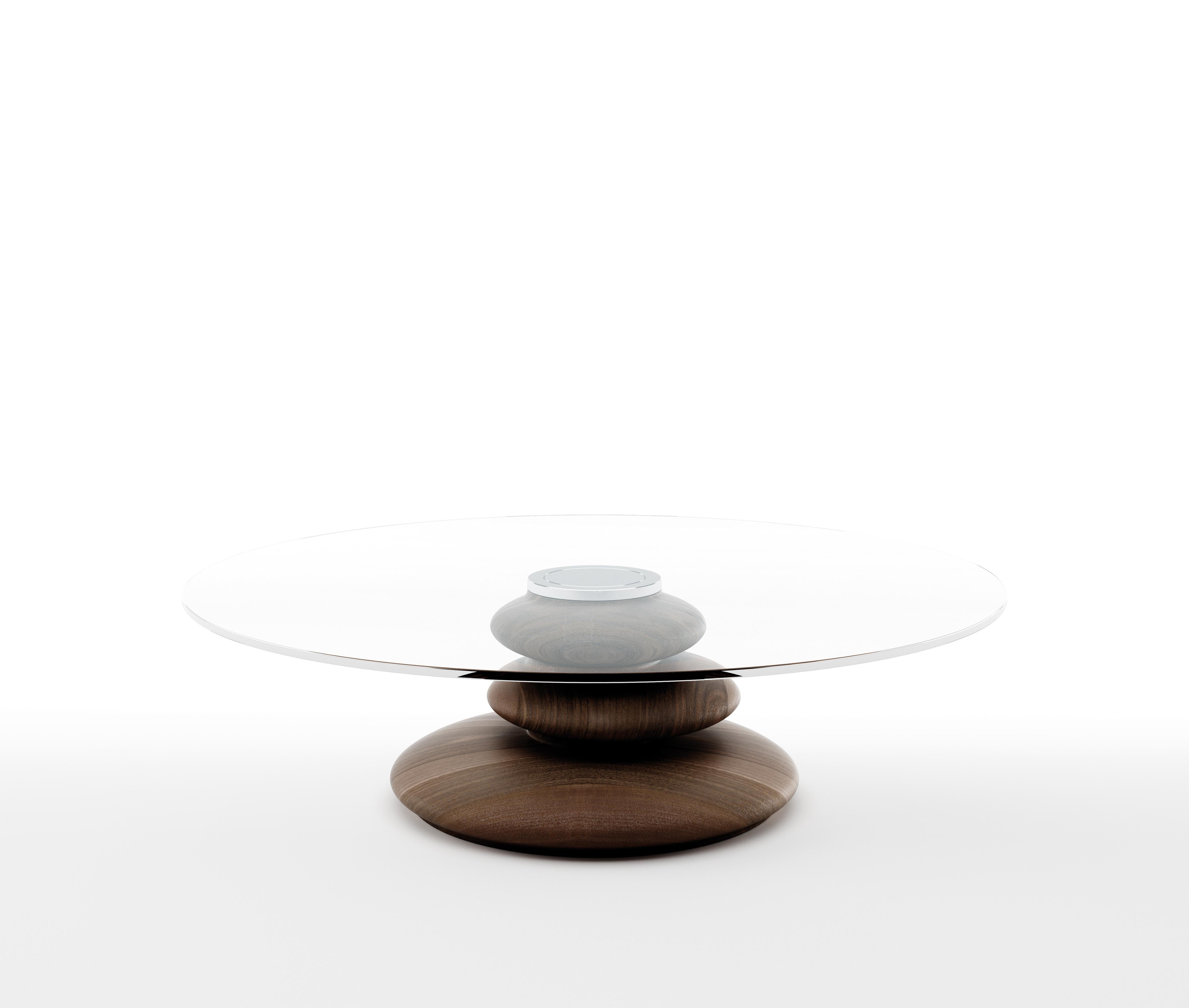 Art déco Table basse Ometto-130 avec base en noyer et plateau rond en verre par Zanaboni en vente