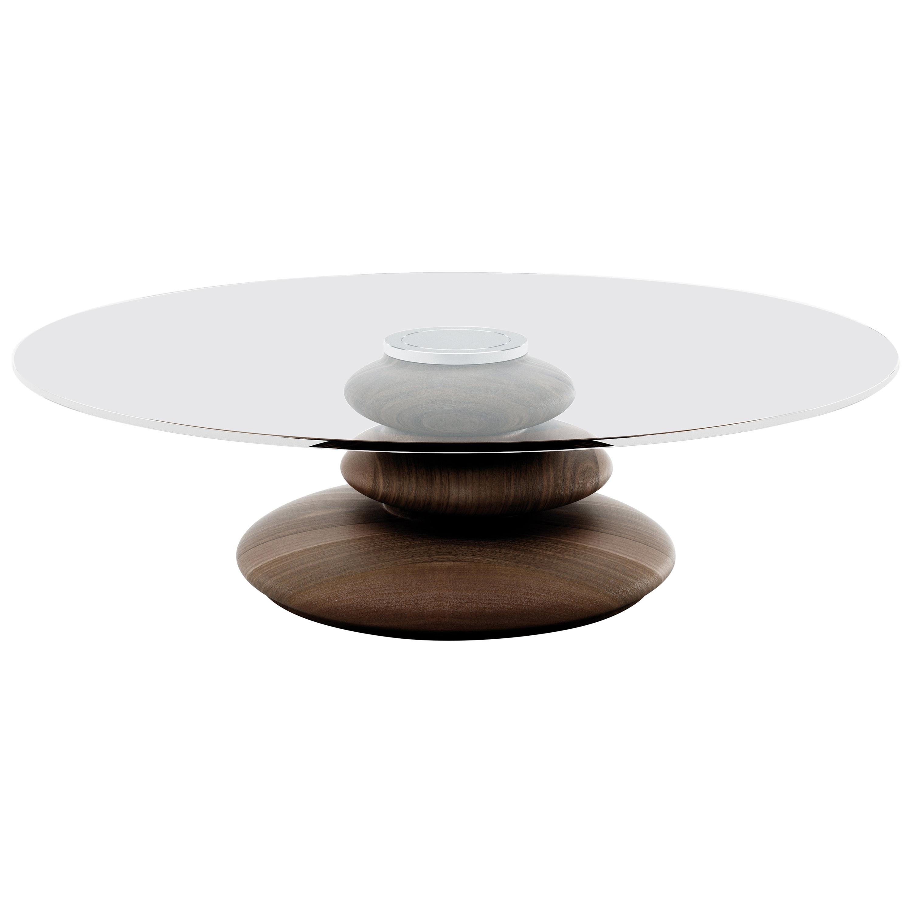 Ometto-130 Coffee Table with Walnut Base and Round Glass Top by Zanaboni