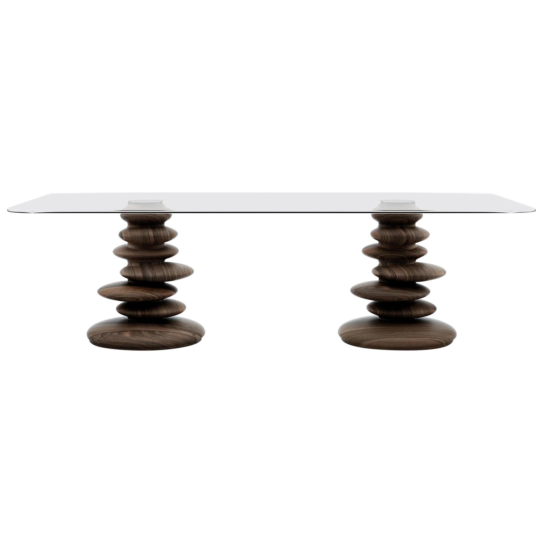 Ometto-260 Dining Table with Walnut Base and Rectangular Glass Top by Zanaboni For Sale