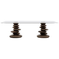 Ometto-260 Dining Table with Walnut Base and Rectangular Glass Top by Zanaboni
