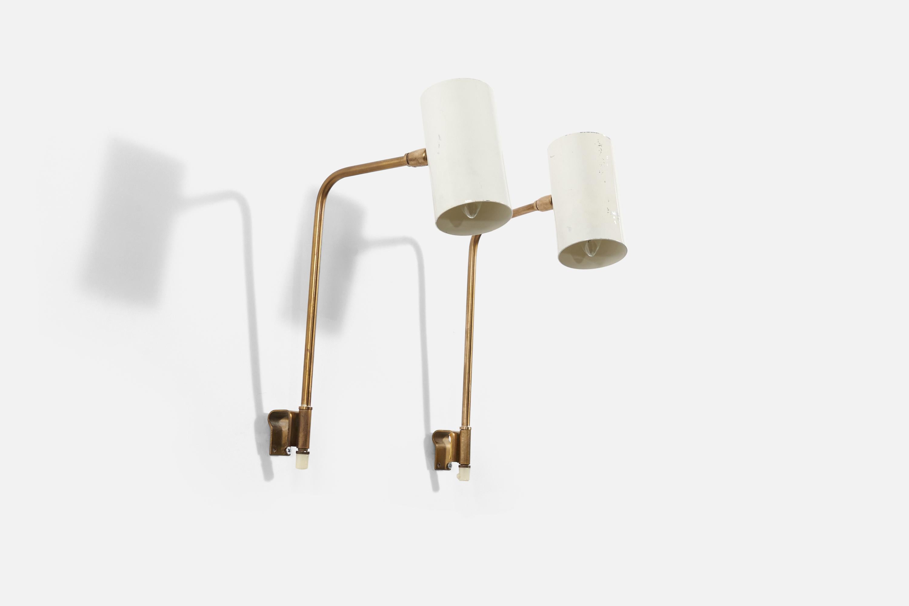 Swedish OMI, Pair of Adjustable Wall Lights, Brass, White Lacquered Metal, Sweden, 1960s For Sale