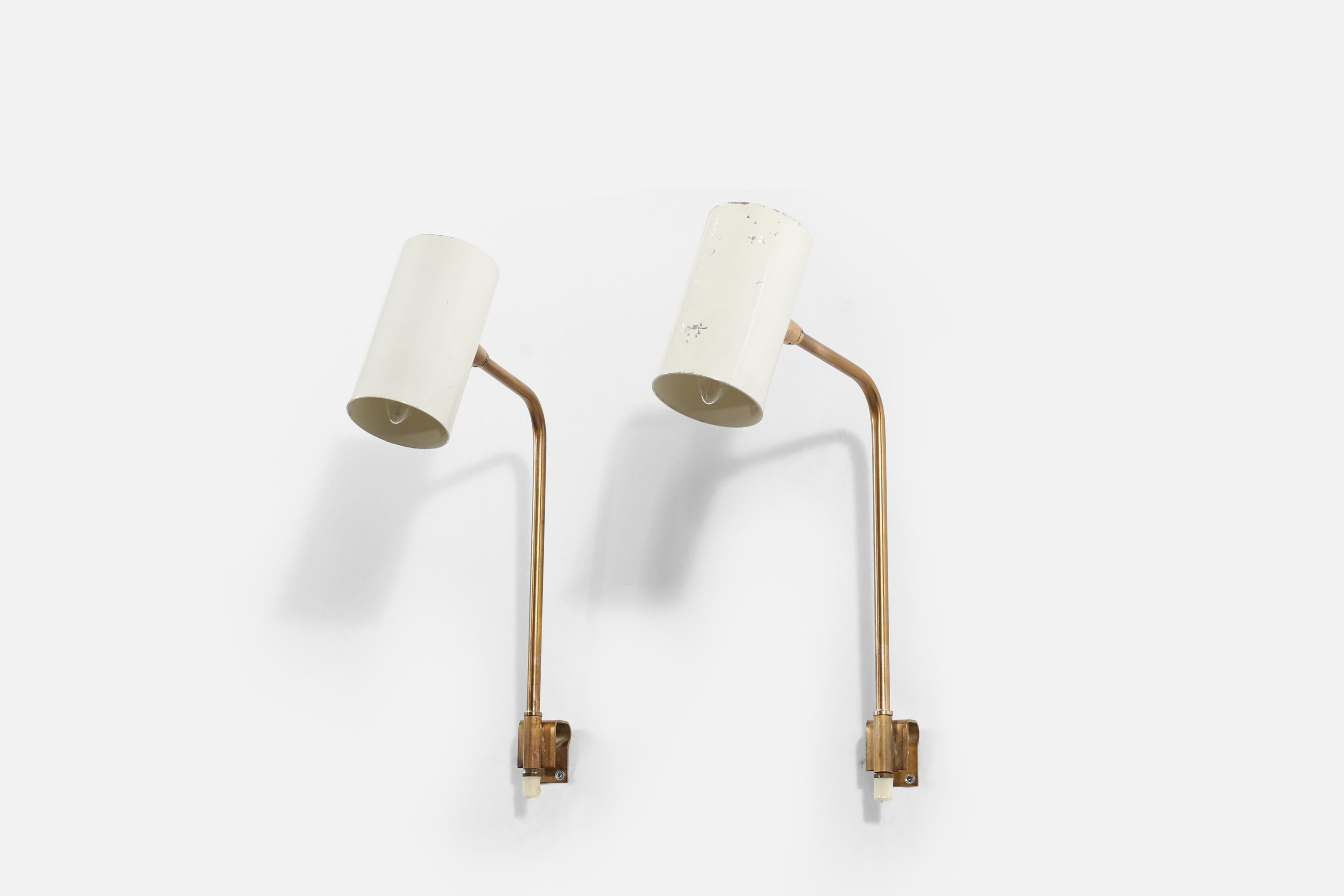 Swedish OMI, Pair of Adjustable Wall Lights, Brass, White Lacquered Metal, Sweden, 1960s For Sale