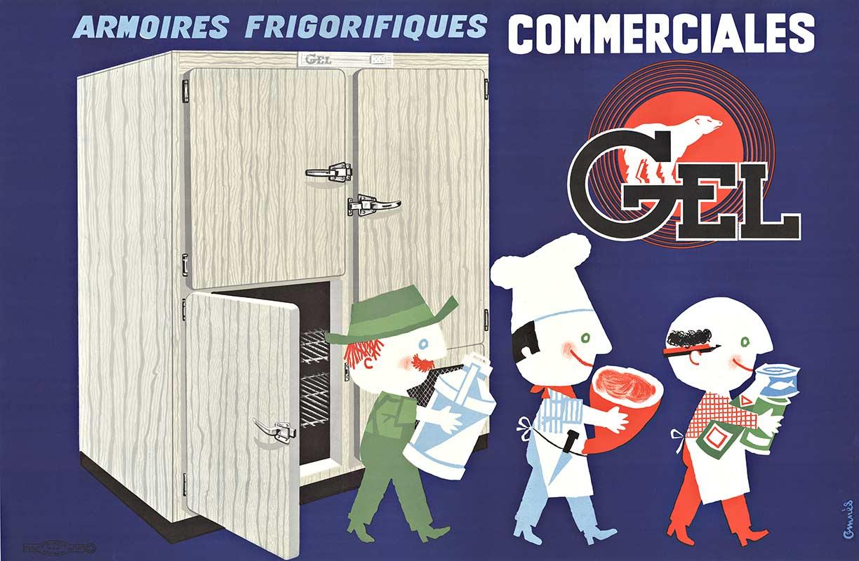 GEL Armoires Frigorifiques Commerciales horizontal póster vintage de mediados de siglo