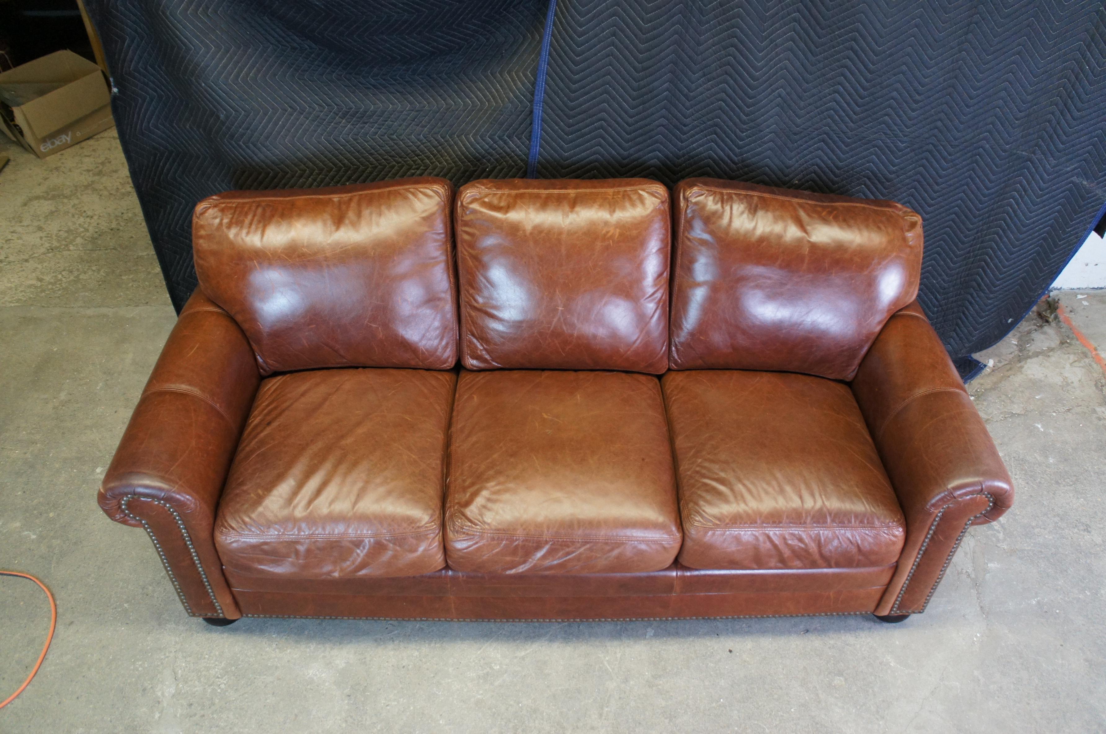 20th Century Omnia Traditional Savannah 3 Seat Brown Leather Rolled Arm Sofa Couch Lounge 84