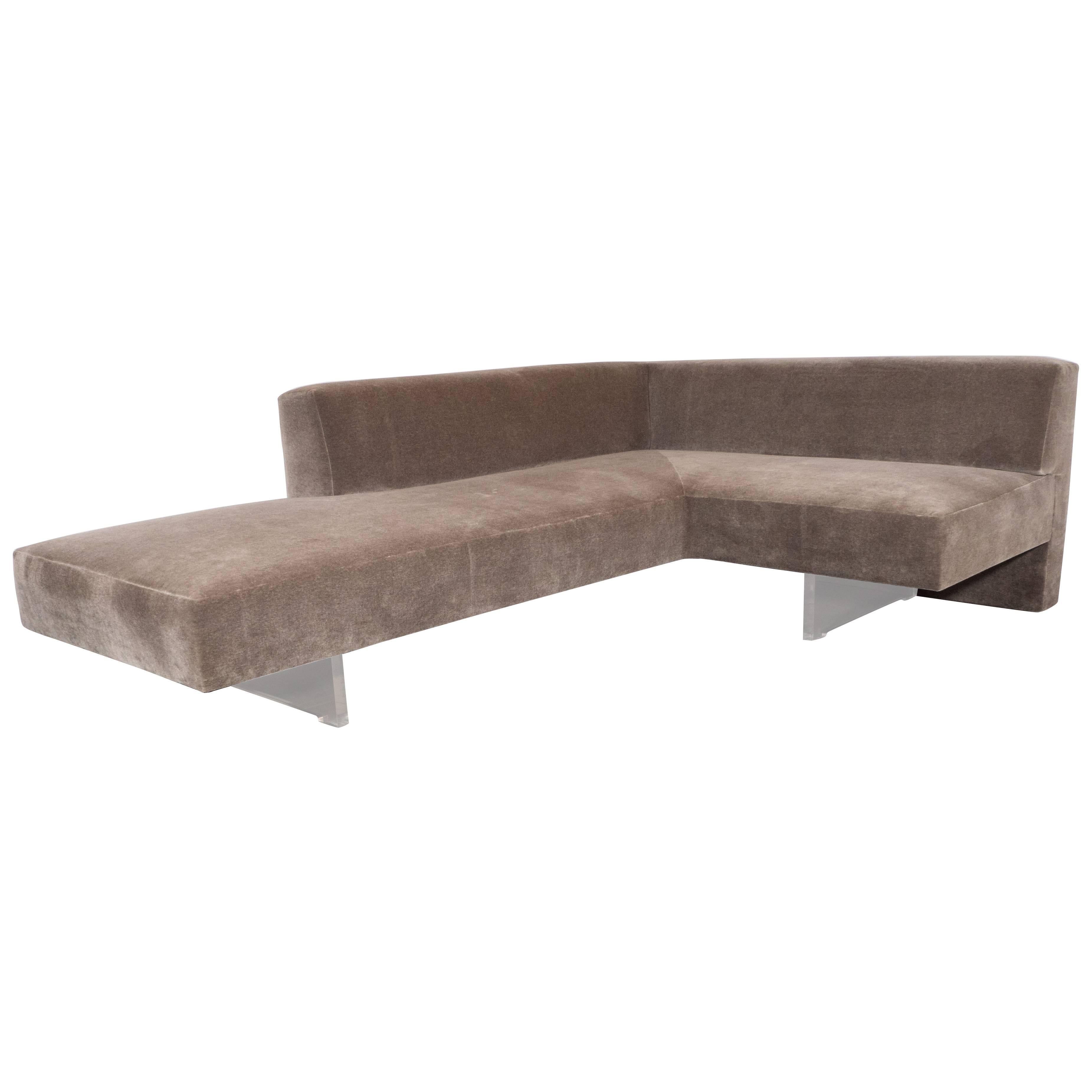 "Omnibus" Sofa in Smoked Platinum Mohair with Lucite Legs by Vladimir Kagan