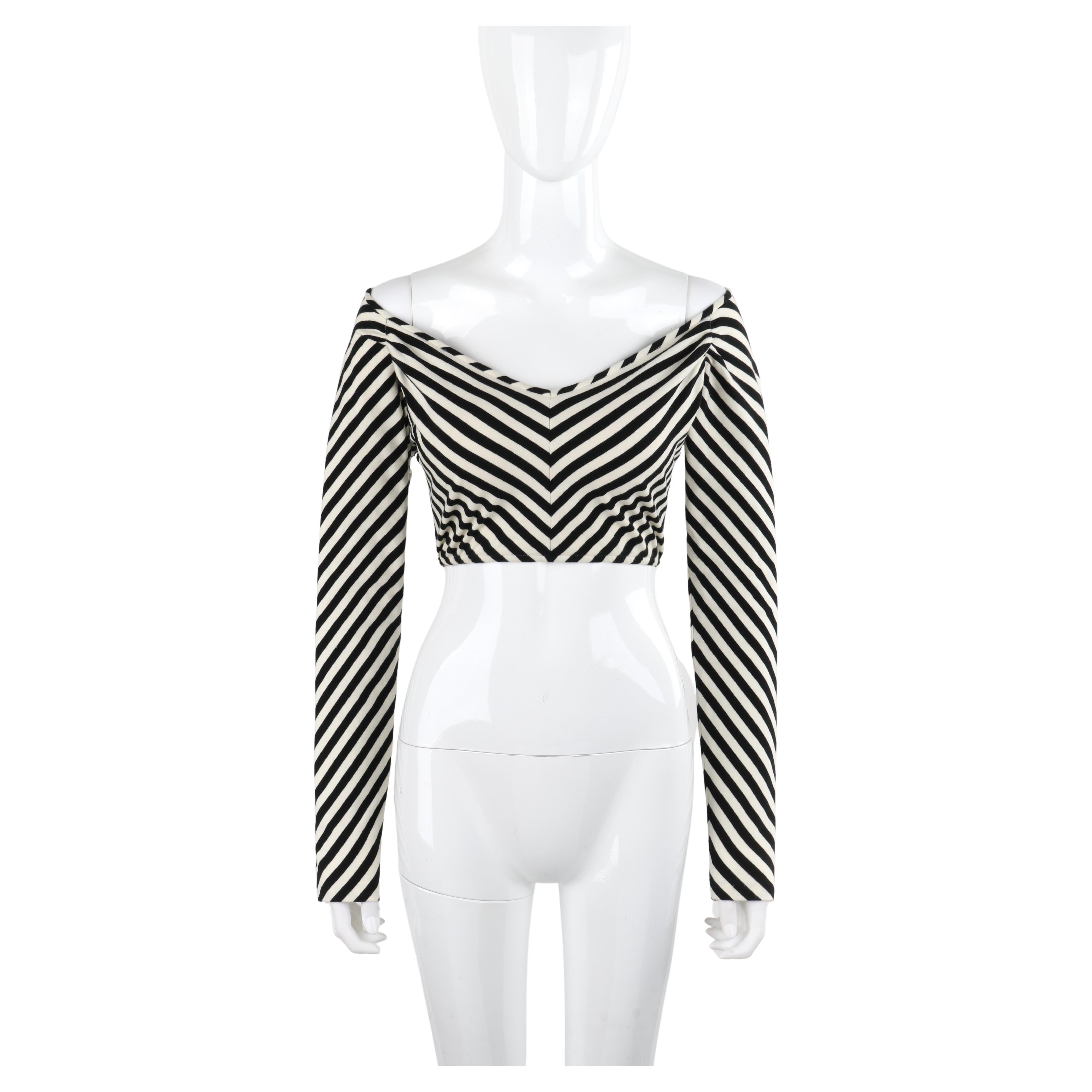 OMO NORMA KAMALI c.1980s Black White Striped Cropped Long Sleeve Top
