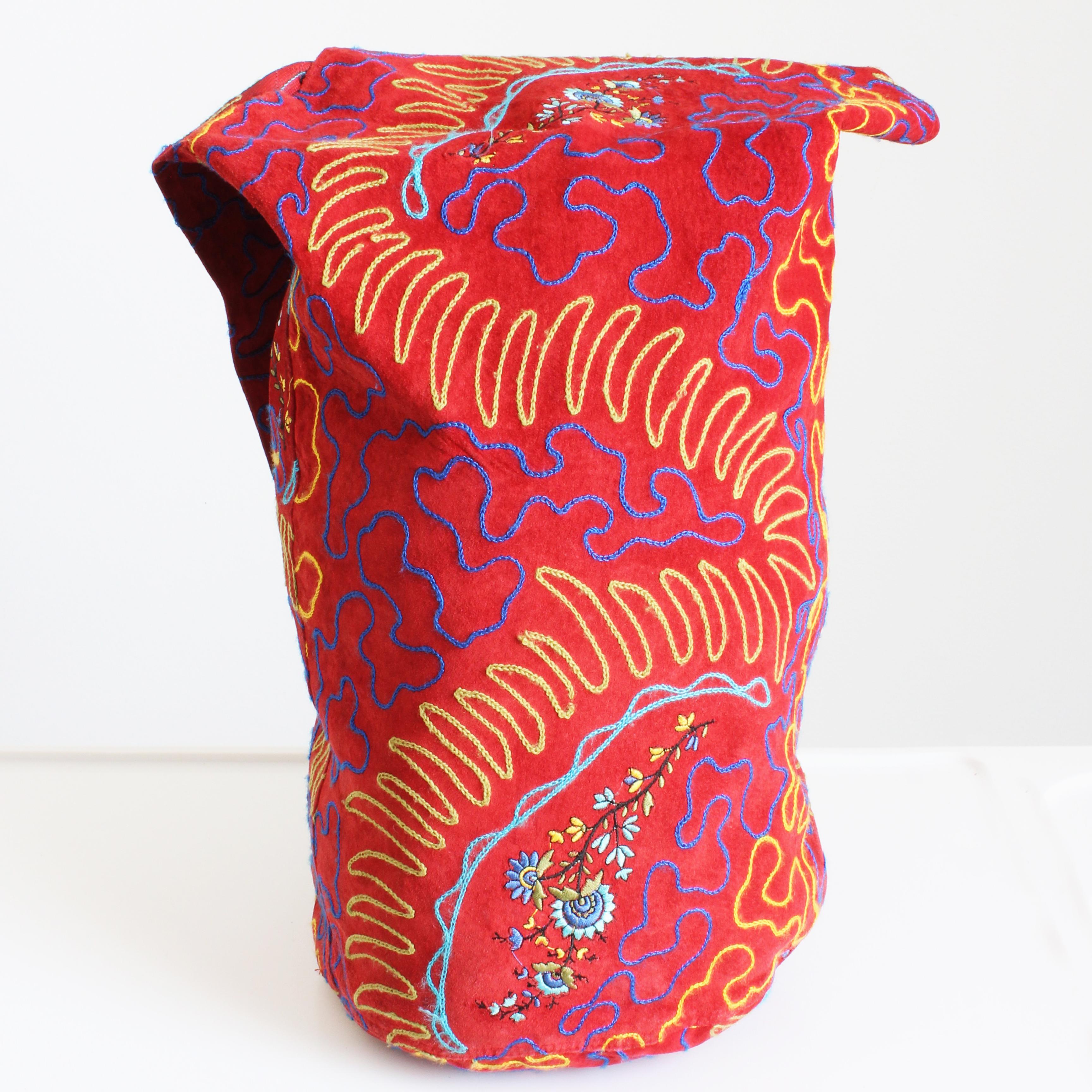 Red OMO Norma Kamali Giant Feedbag Crossbody Extra Large Suede Embroidery Rare 90s For Sale