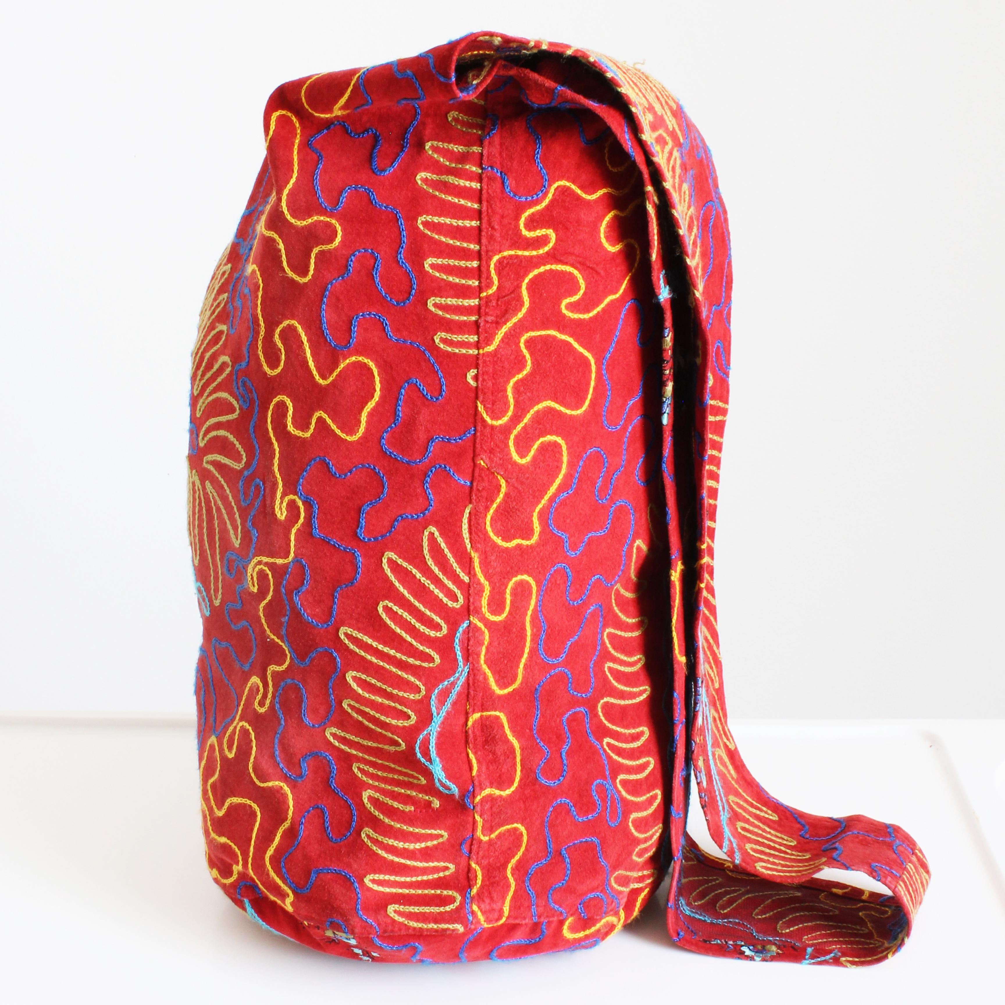 OMO Norma Kamali Giant Feedbag Crossbody Extra Large Suede Embroidery Rare 90s For Sale 1