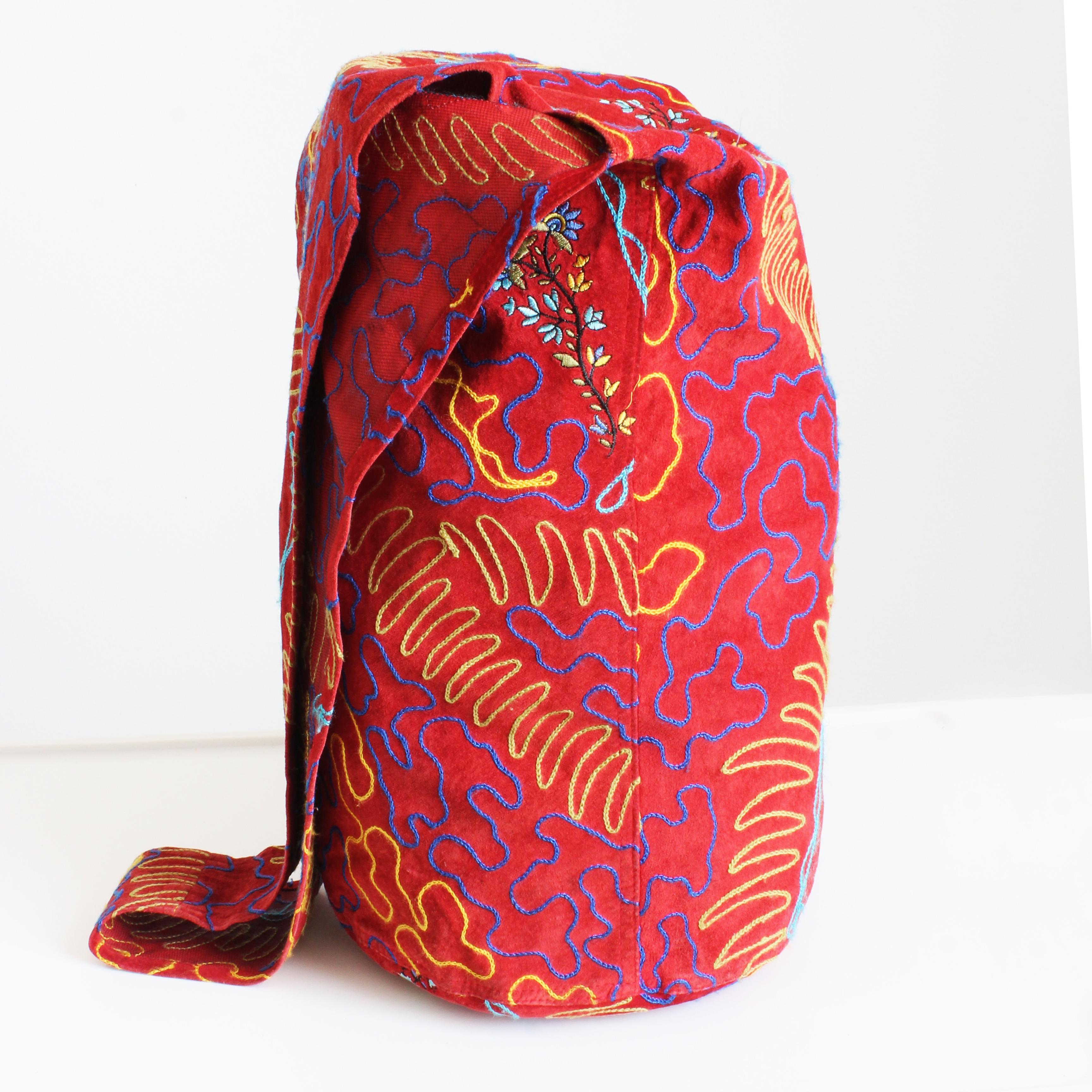 OMO Norma Kamali Giant Feedbag Crossbody Extra Large Suede Embroidery Rare 90s For Sale 2