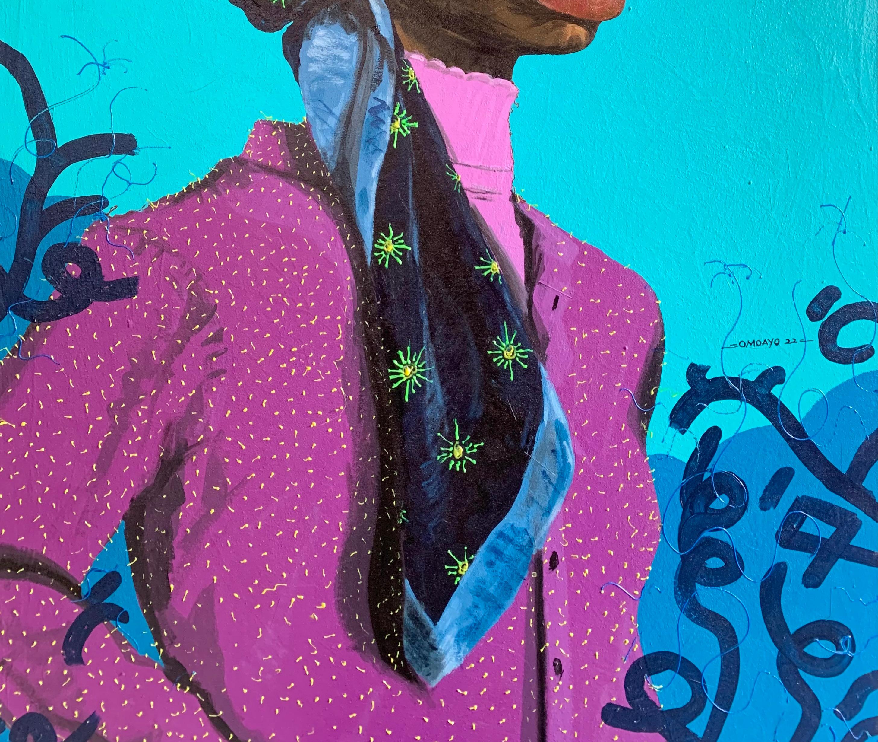 L'écharpe bleue qui lie - Néo-expressionnisme Painting par Omoayo George Osoba