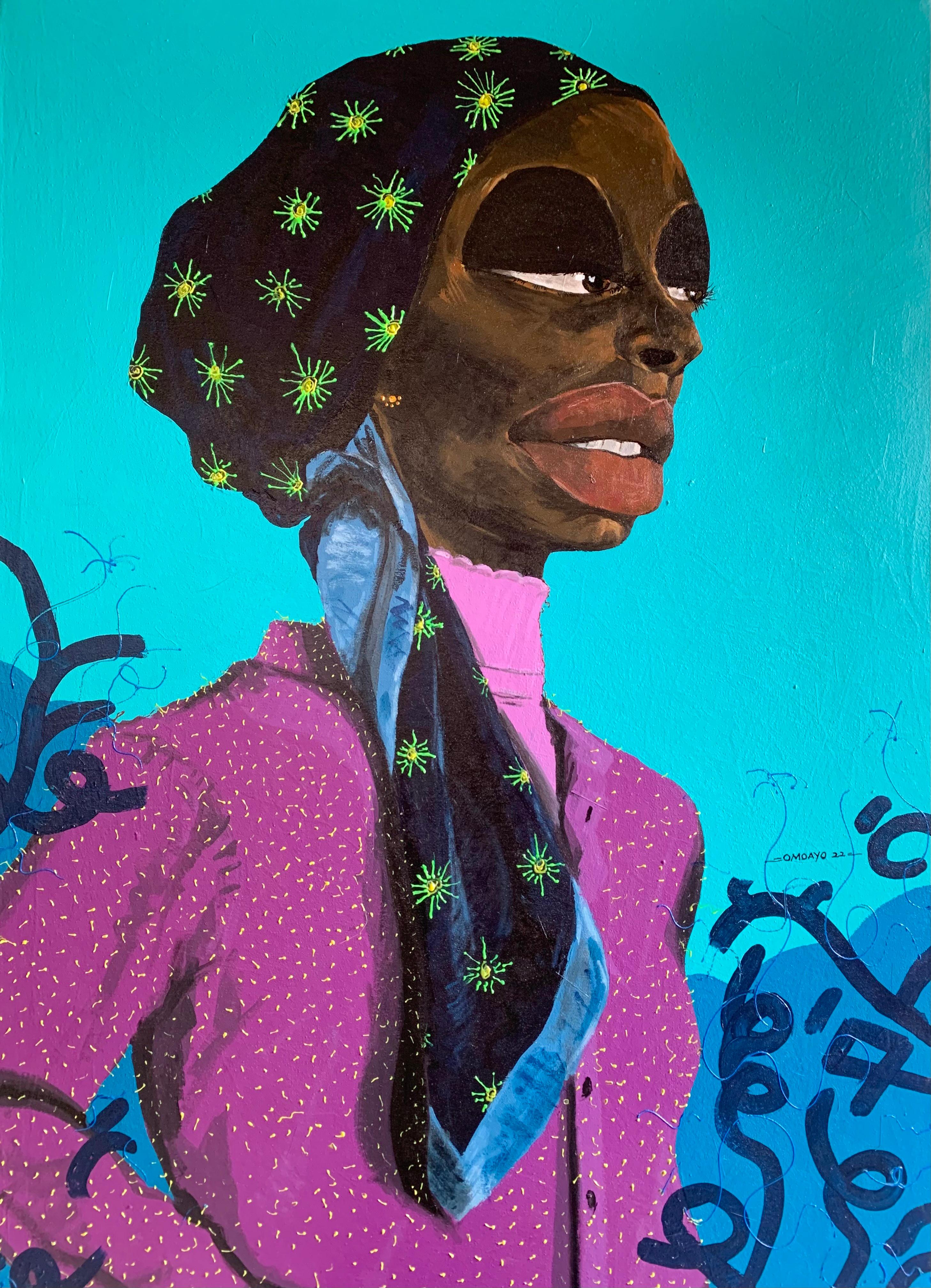 Portrait Painting Omoayo George Osoba - L'écharpe bleue qui lie