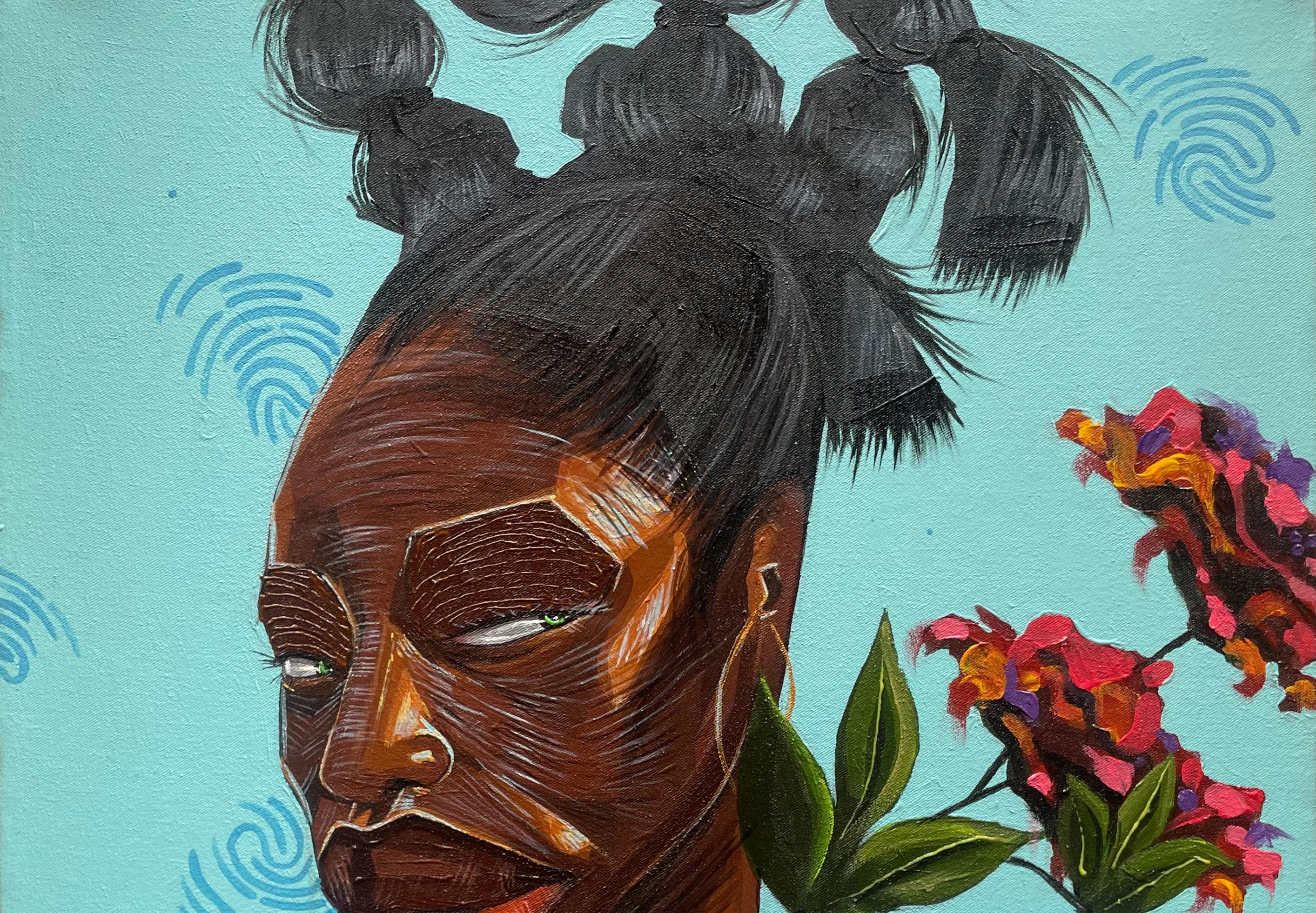 Violin Tempo -21st Century, Contemporary, Figurative, Neo-Expressionism, Floral - Painting by Omoayo George Osoba