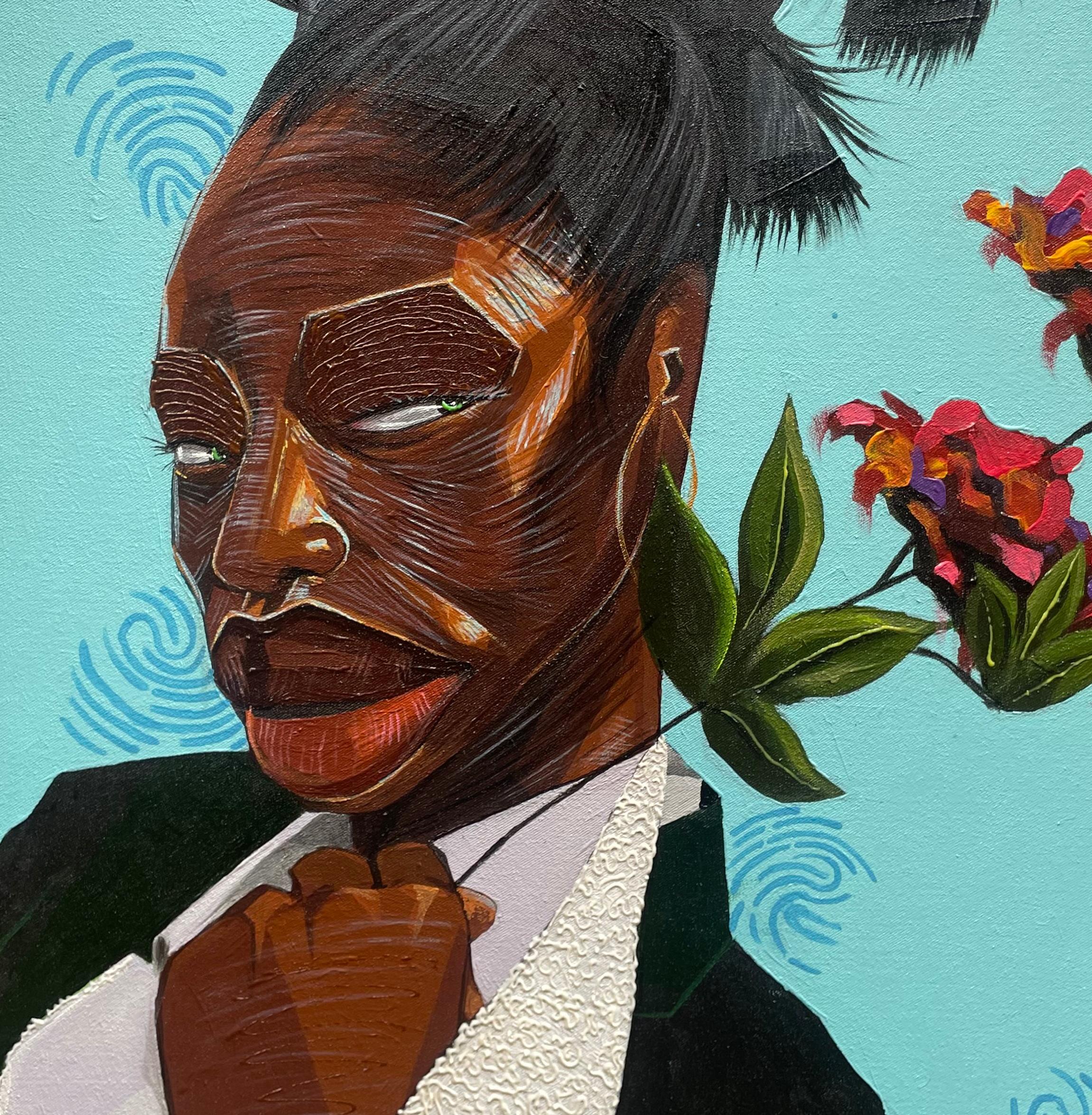 Violin Tempo -21st Century, Contemporary, Figurative, Neo-Expressionism, Floral - Black Figurative Painting by Omoayo George Osoba