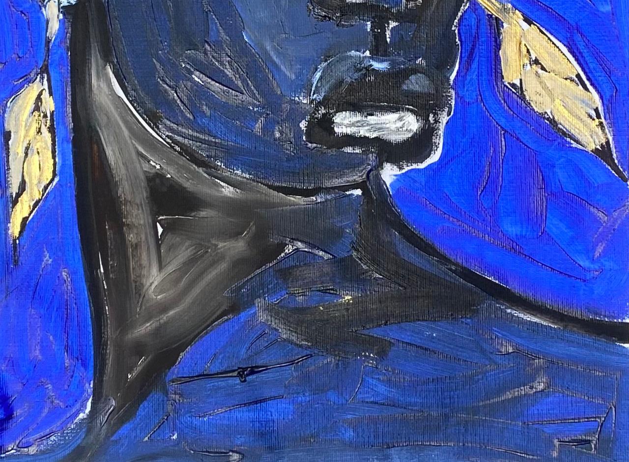 Feasting in Divine Time 1 - 21st Century Contemporary, Figurative, Impressionist - Blue Figurative Painting by Omoyeni Arogunmati