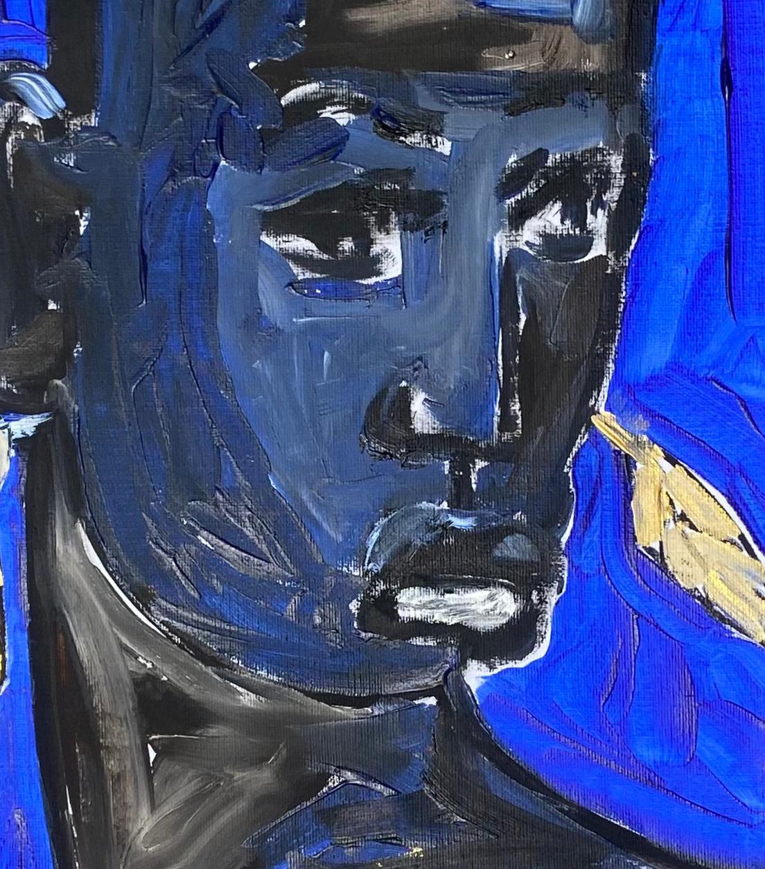 A blue-toned woman adorned with gold leaf earrings eats in calm stillness, symbolizing quiet readiness for divine blessings. The gold reflects destiny’s gifts, arriving not by will but at the right moment—echoing Aimasiko, the mystery of divine