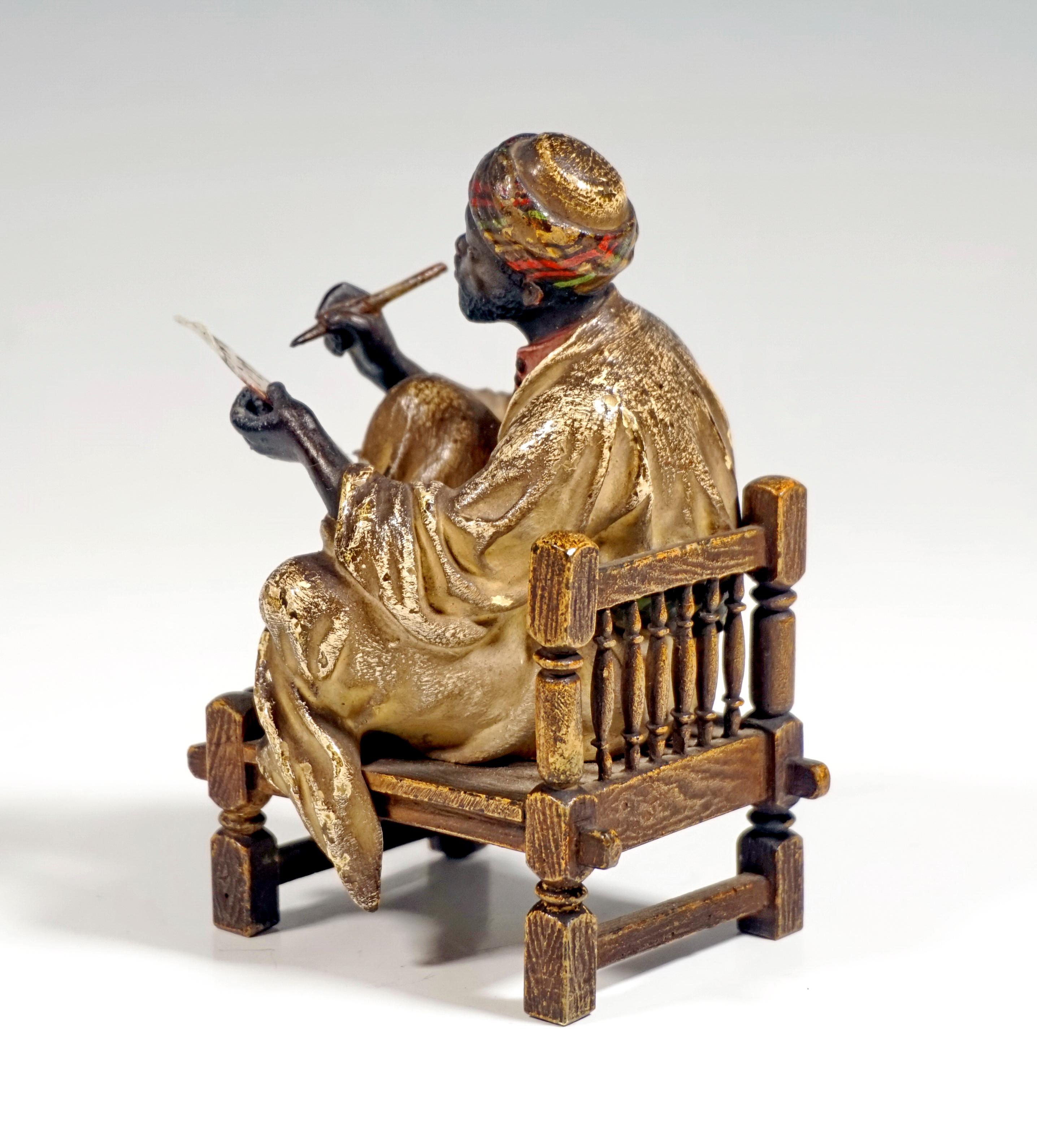 Austrian on a Bench Sitting Arab Writing, Viennese Bronze by Bergmann, Around 1900