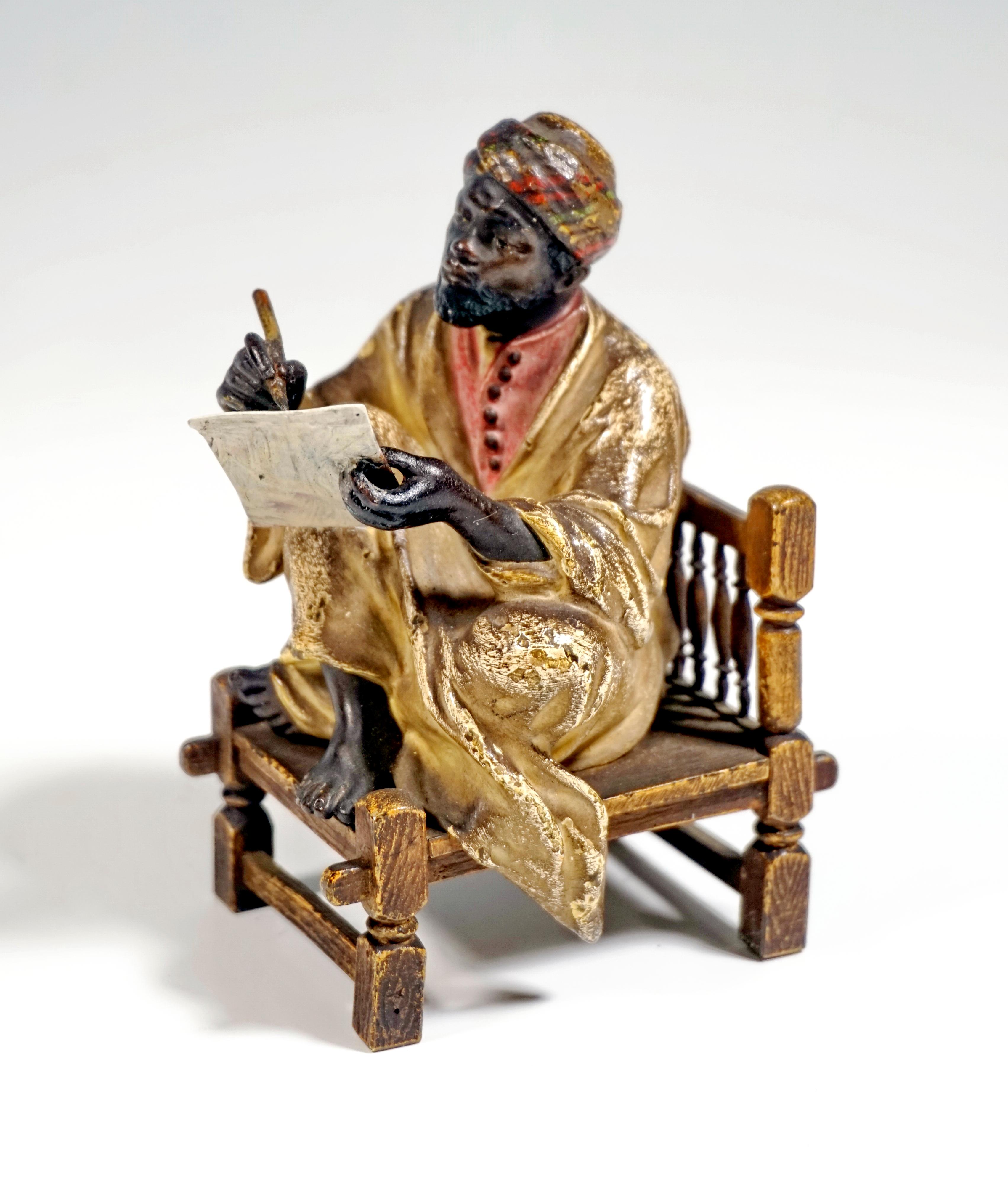 Cold-Painted on a Bench Sitting Arab Writing, Viennese Bronze by Bergmann, Around 1900