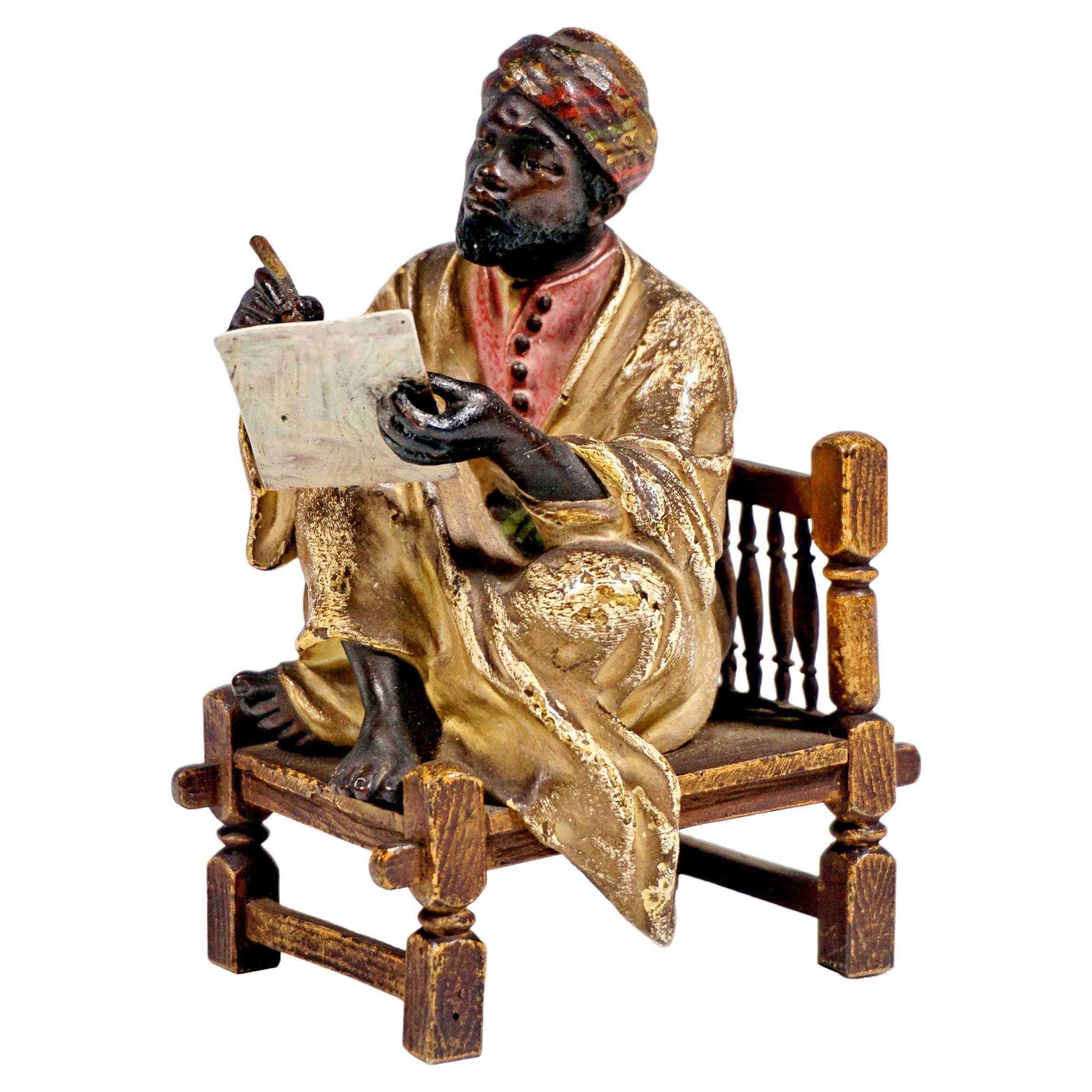 on a Bench Sitting Arab Writing, Viennese Bronze by Bergmann, Around 1900