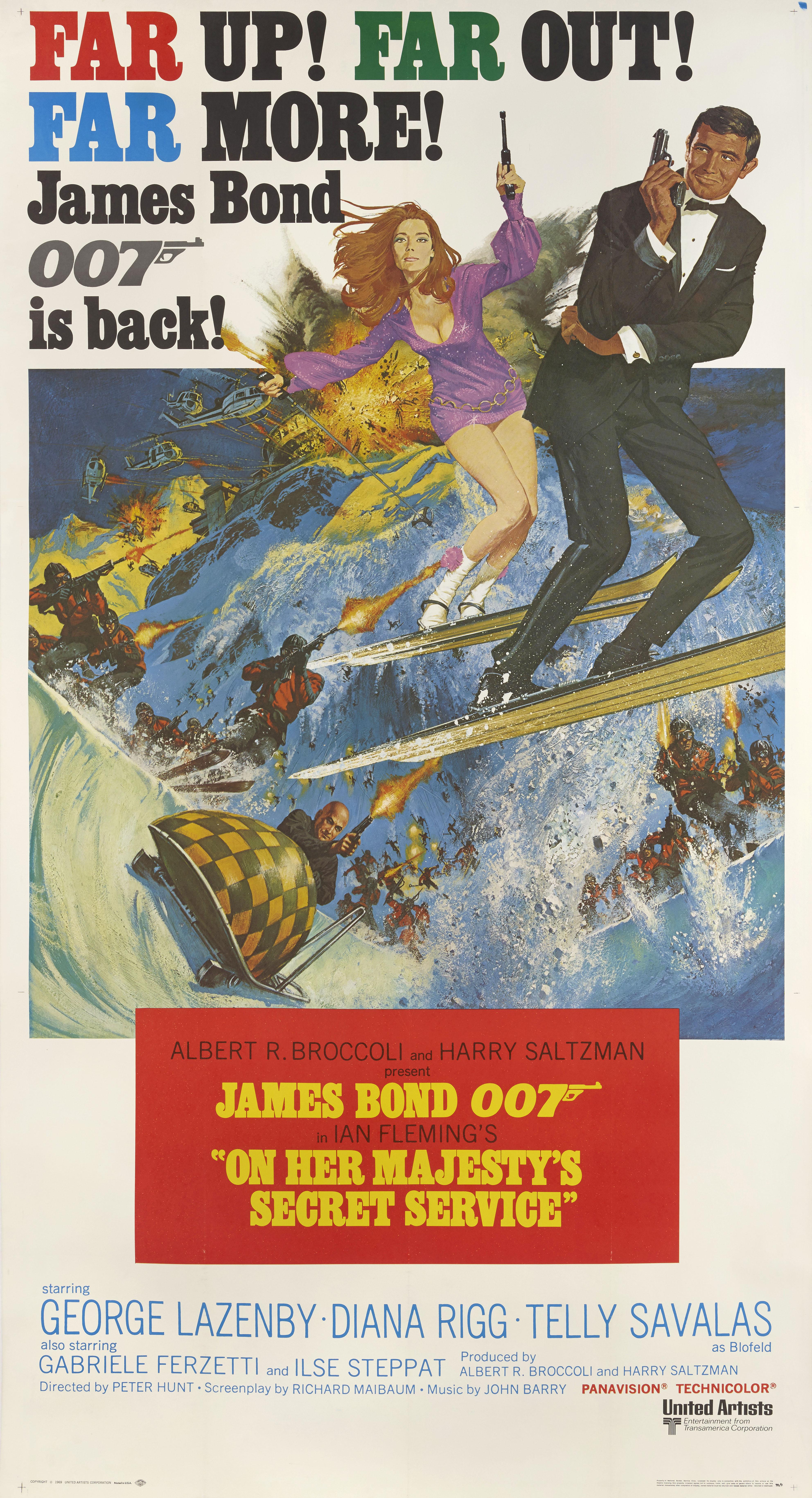 Original US film poster for the sixth in the James Bond series, and stars George Lazenby as 007, a role that he would only play this one time. This poster was printed in 2 sheets and designed to be passed up on billboards. This poster is Linen