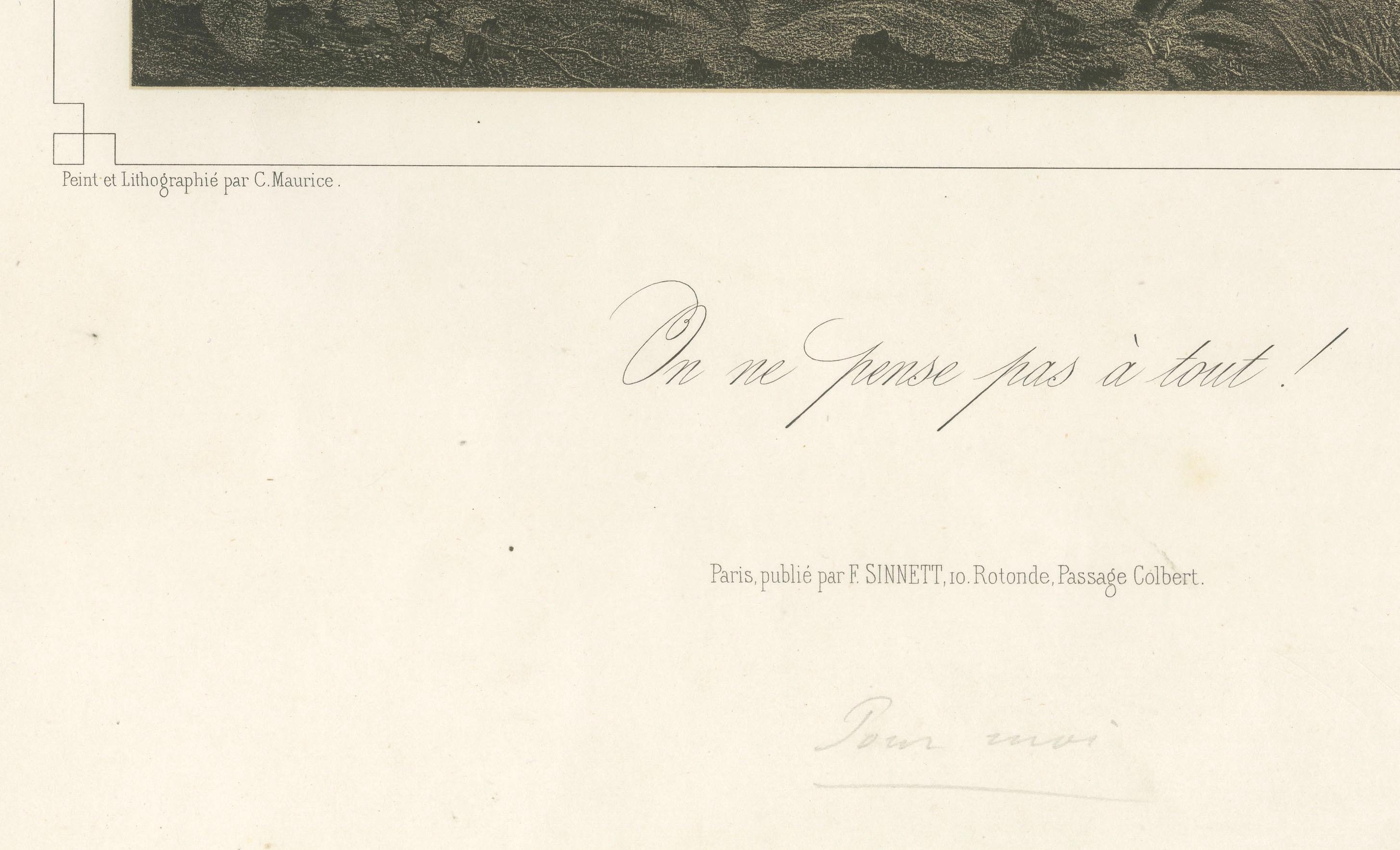 On ne pense pas à tout - Litografía romántica francesa, París hacia 1840

Esta encantadora y ligeramente traviesa litografía del siglo XIX titulada *On ne pense pas à tout!* (traducida: 
