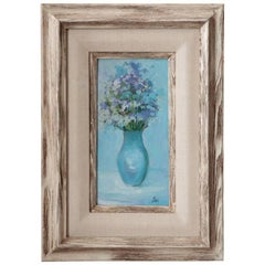 Antique ON SALE NOW! Signed JAN Oil on Canvas Blue on Blue Whitewashed Wood Frame