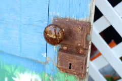 Old Antique Door. Hand Painted Chippy Blue and Beautiful Daisies.  Tortoise Knob