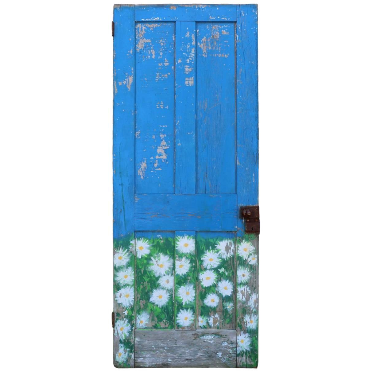 Old Antique Door. Hand Painted Chippy Blue and Beautiful Daisies.  Tortoise Knob For Sale