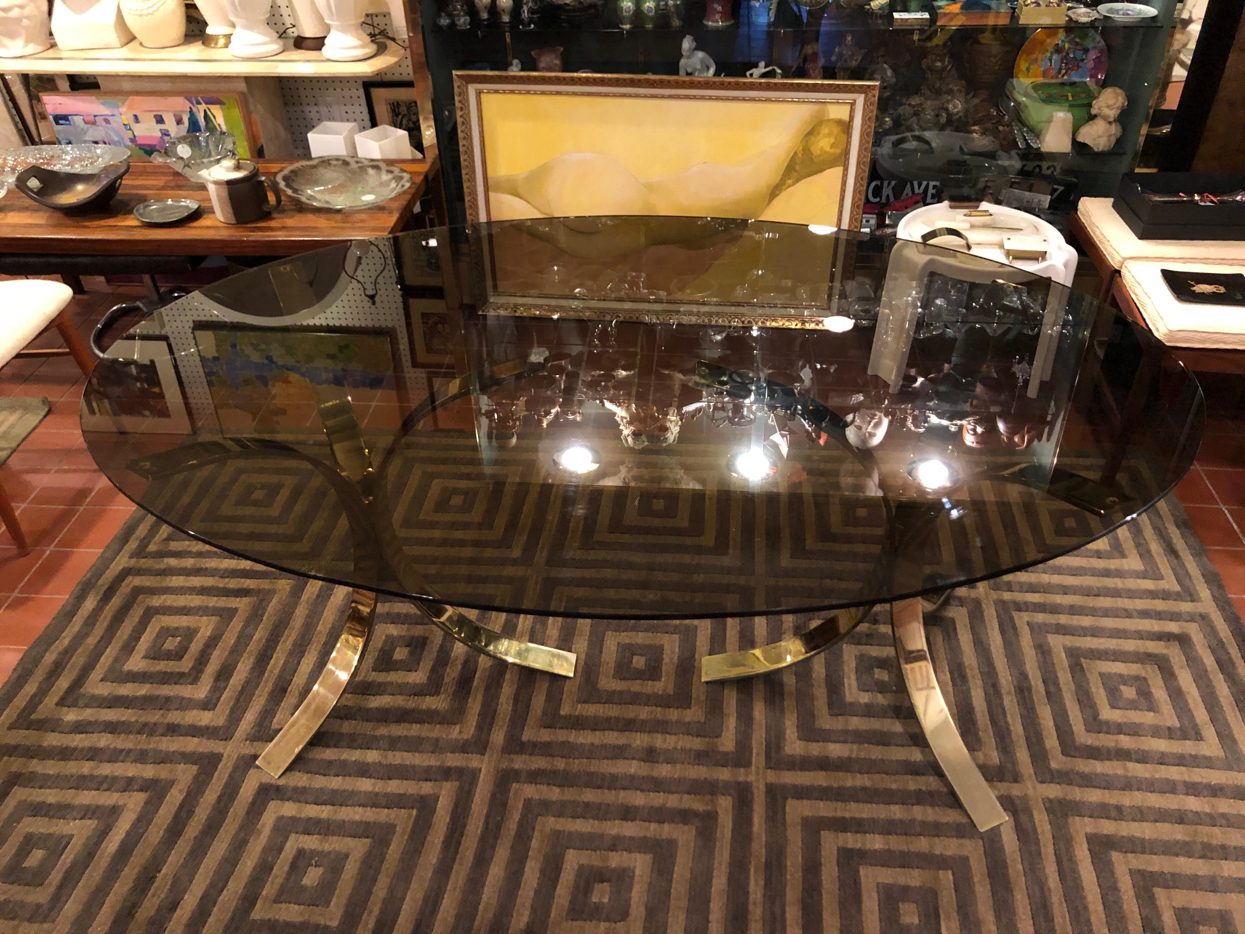 Roger Sprunger  Brass and Smoked Glass Oval Dining Table 6