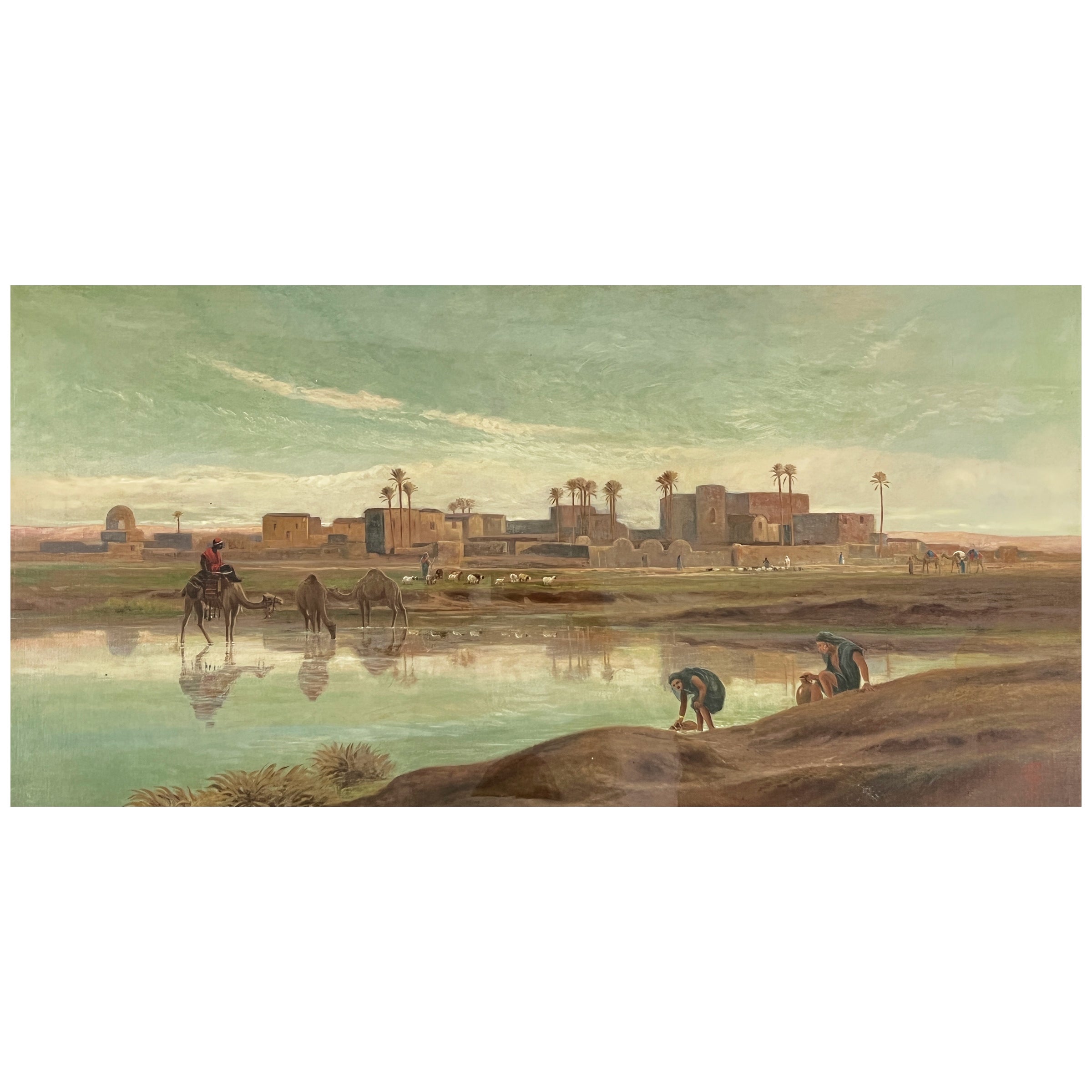 Peinture de qualité exquise de l'artiste anglais Frederick Goodalls R.A. représentant le Nil en Egypte, signée 'F.G.' en bas à droite ; datée 1875, dans un cadre en bois doré et verre. 

Dimensions : Cadre : H : 80cm, L : 132cm, P : 9cm

Toile :