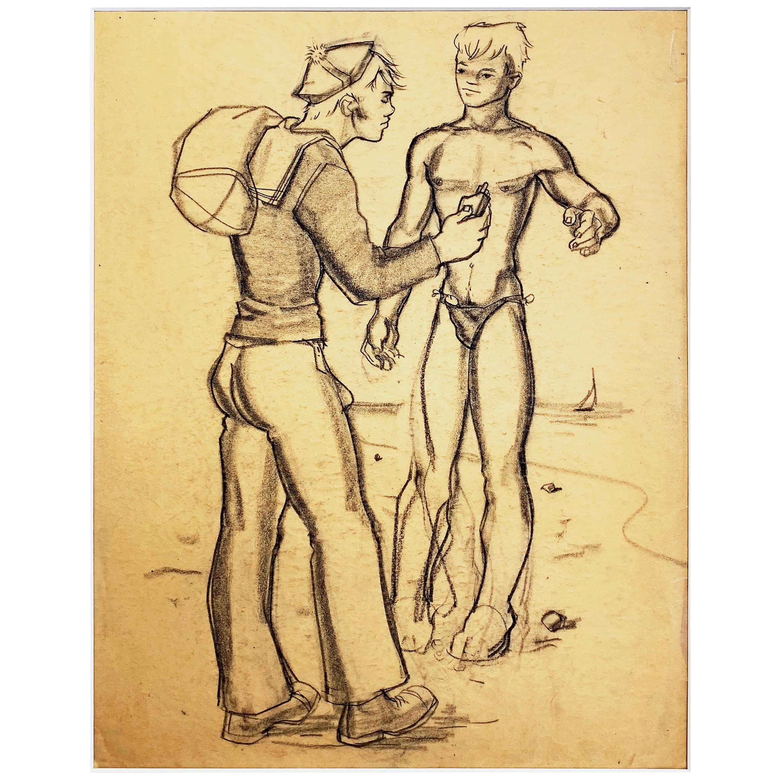 "On the Beach, " Drawing of Sailor and Swimmer by Avel deKnight, Black Artist
