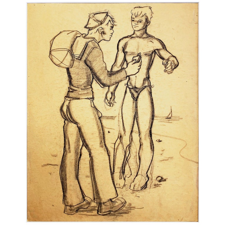 "On the Beach," Drawing of Sailor and Swimmer by Avel deKnight, Black Artist For Sale