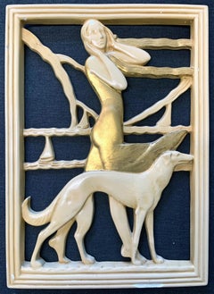 "On the Beach, " Rare Art Deco Sculptural Reliefs with Bolshoi & Greyhound, Pair