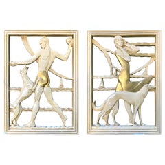 "On the Beach, " Rare Art Deco Sculptural Reliefs with Bolshoi & Greyhound, Pair