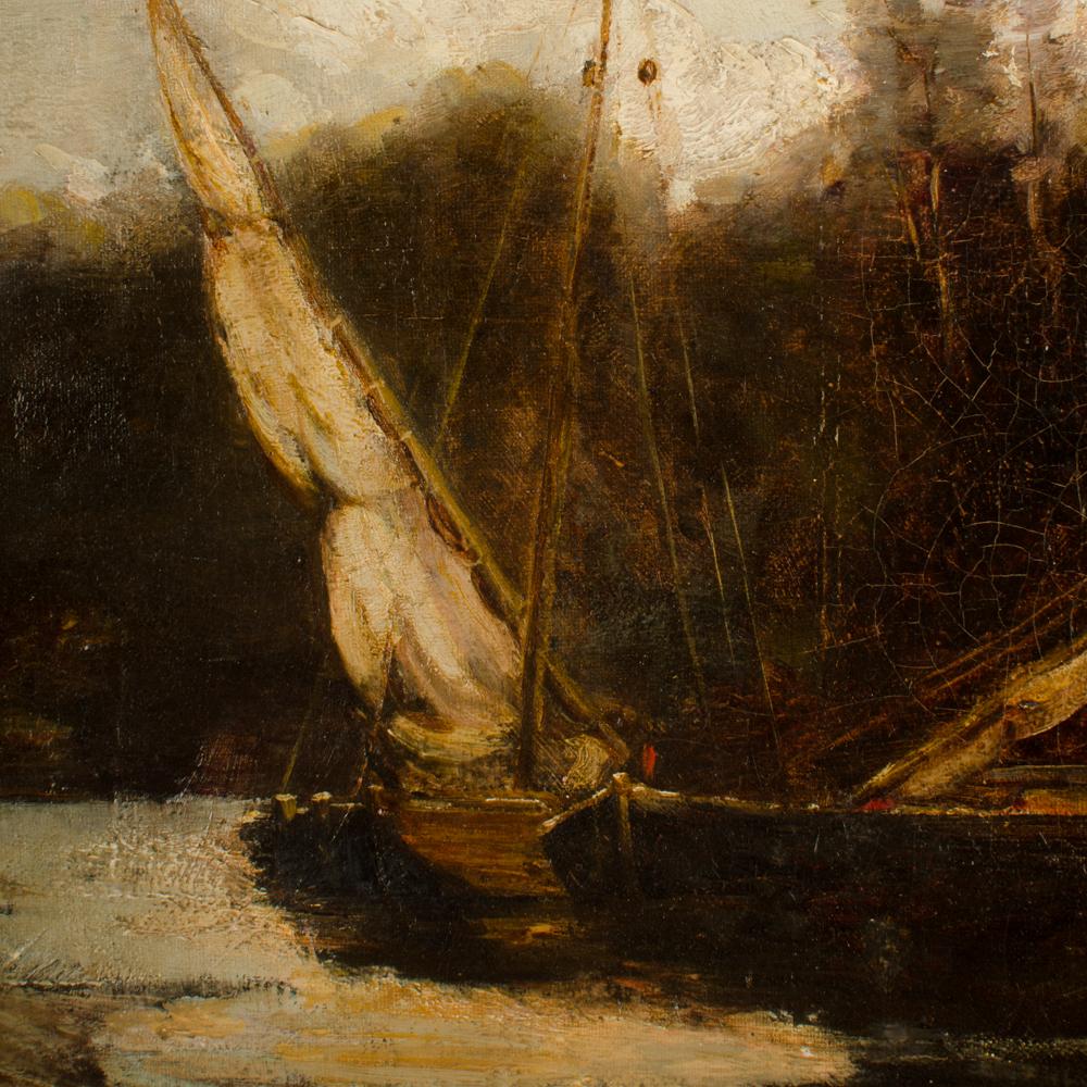 -Öl auf Leinwand mit kleinem Segelboot auf dem Kanal, signiert unten rechts David Noble und datiert '89.
- Ungerahmt
